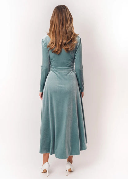Wrap oneself up Velvet Dress Deep V Neck Long Sleeves Asymmetric Formal Wear Dresses Wedding Guest Dress Evening Dress