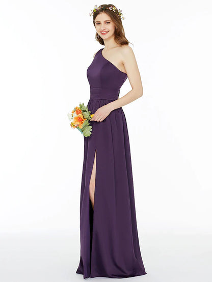 Ball Gown / A-Line Bridesmaid Dress One Shoulder Sleeveless Floor Length Chiffon with Sash / Ribbon / Pleats / Split Front