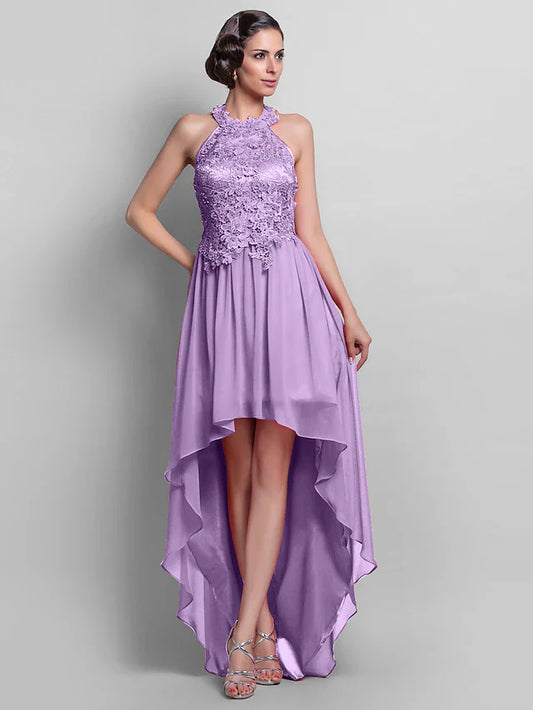 Sheath / Column Elegant Dress Wedding Guest Asymmetrical Sleeveless Halter Chiffon Backless with Appliques