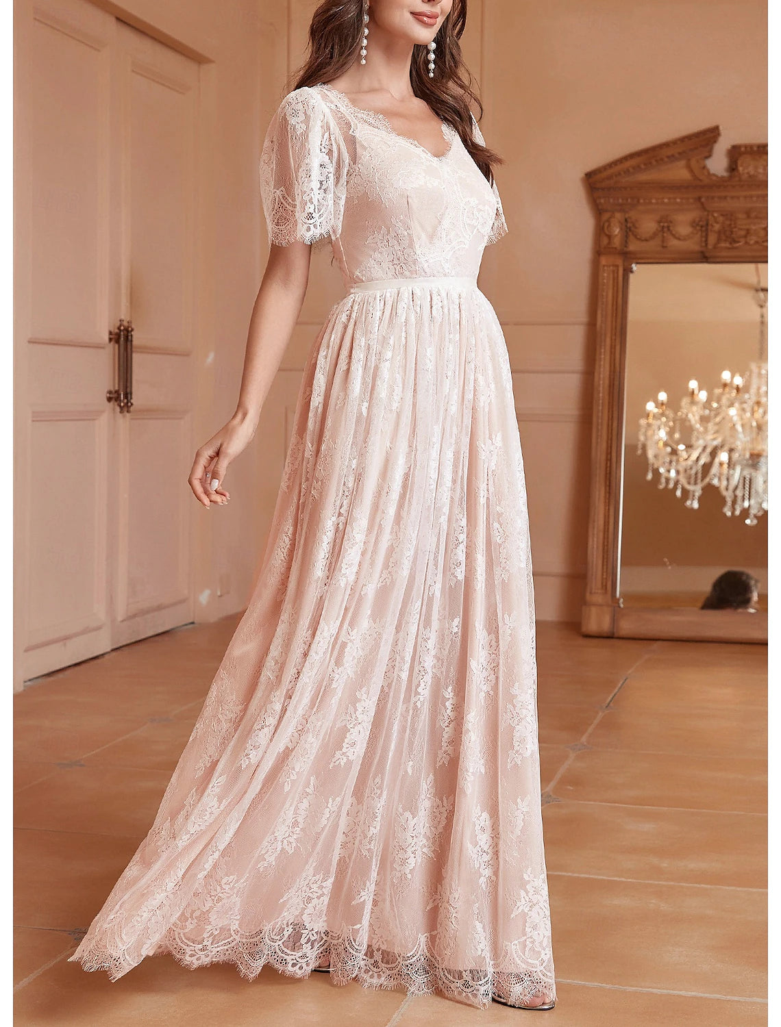 Fall November December Wedding Dresses A-Line V Neck Short Sleeve Floor Length Lace Pleats Sweet Elegant Bridal Gowns