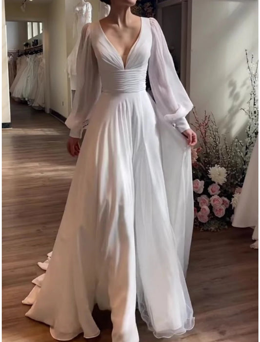 Fall November December Simple Wedding Dresses A-Line Deep V Neck Long Sleeve Court Train Chiffon Bridal Gowns Pleats Ruched Little White Dresses