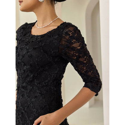 December Wedding Guest Dress Lace Dress Half Length Sleeve Solid Color Lace Spring Fall Cross-Seasons Elegant Fall Wedding Party Dress