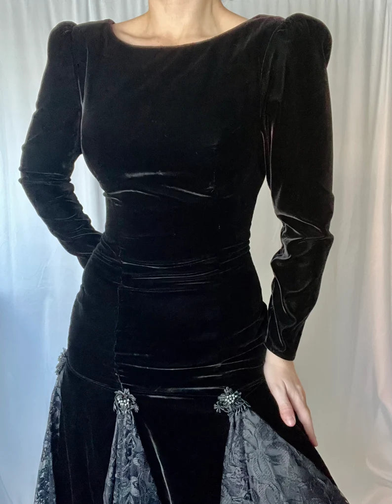 Bodycon Vintage Velvet Dress Splicing Lace V Neck Long Sleeves Formal Wear Dresses Wedding Guest Dress Evening Dress