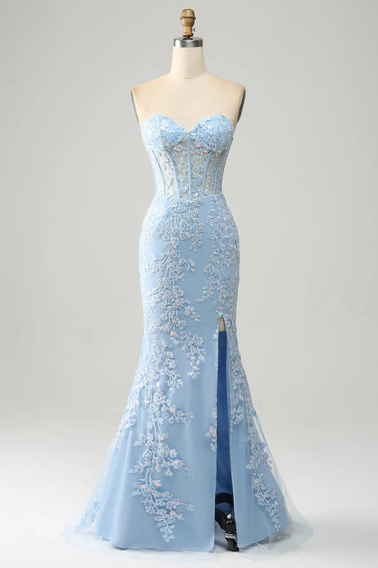 Light Blue Off-the-Shoulder Mermaid Sweetheart Corset Appliques Prom Dress With Side Slit