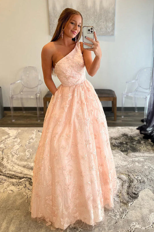 Light Pink One Shoulder Back Spaghetti Strap Appliques Prom Dress with Pockets