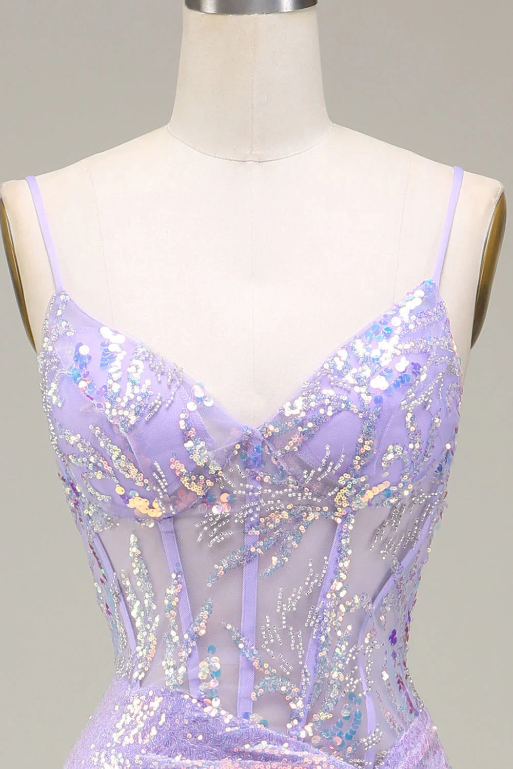 Light Purple V-Neck Mermaid Sparkly Corset Slim-fit Long Prom Dress with Slit