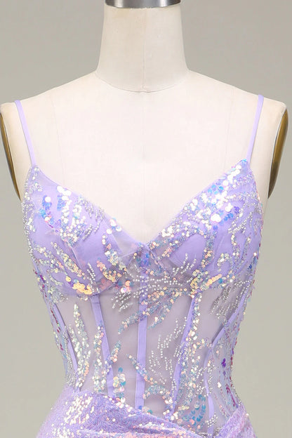 Light Purple V-Neck Mermaid Sparkly Corset Slim-fit Long Prom Dress with Slit