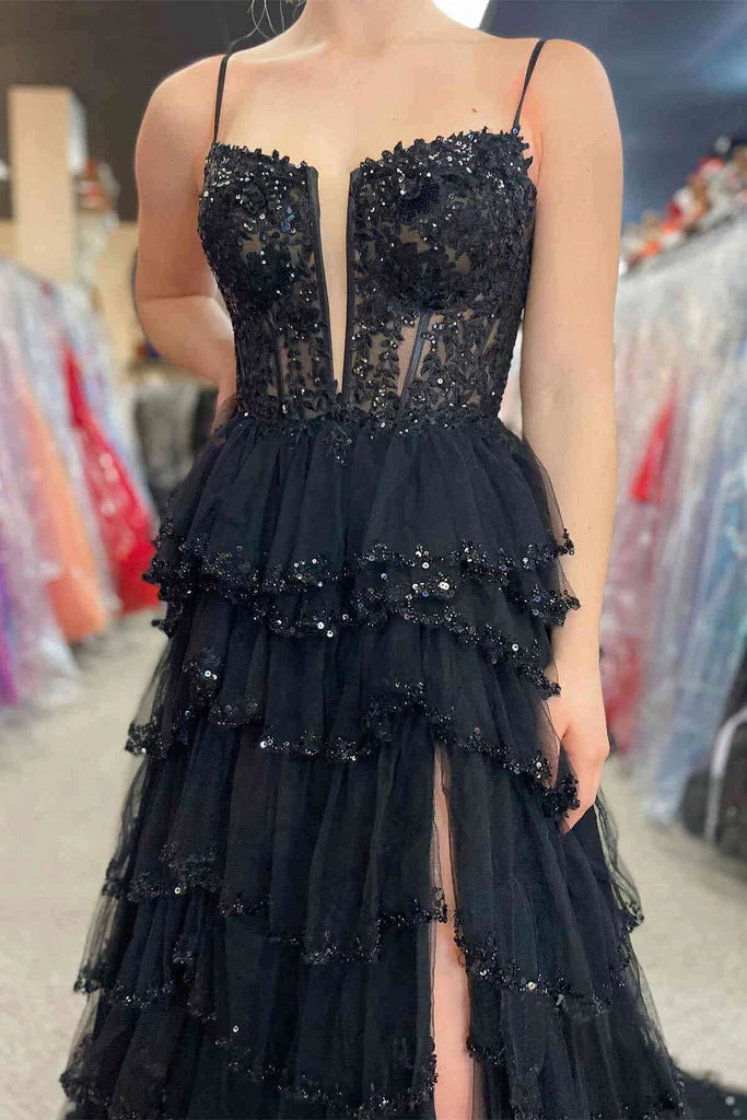 A-line Straps Plunging Neck Sequin Lace Prom Dresses