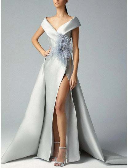 December Wedding Guest Dress A-Line Elegant Dress Formal Floor Length Short Sleeve V Neck Satin with Feather Crystals Beading Prom Dresses