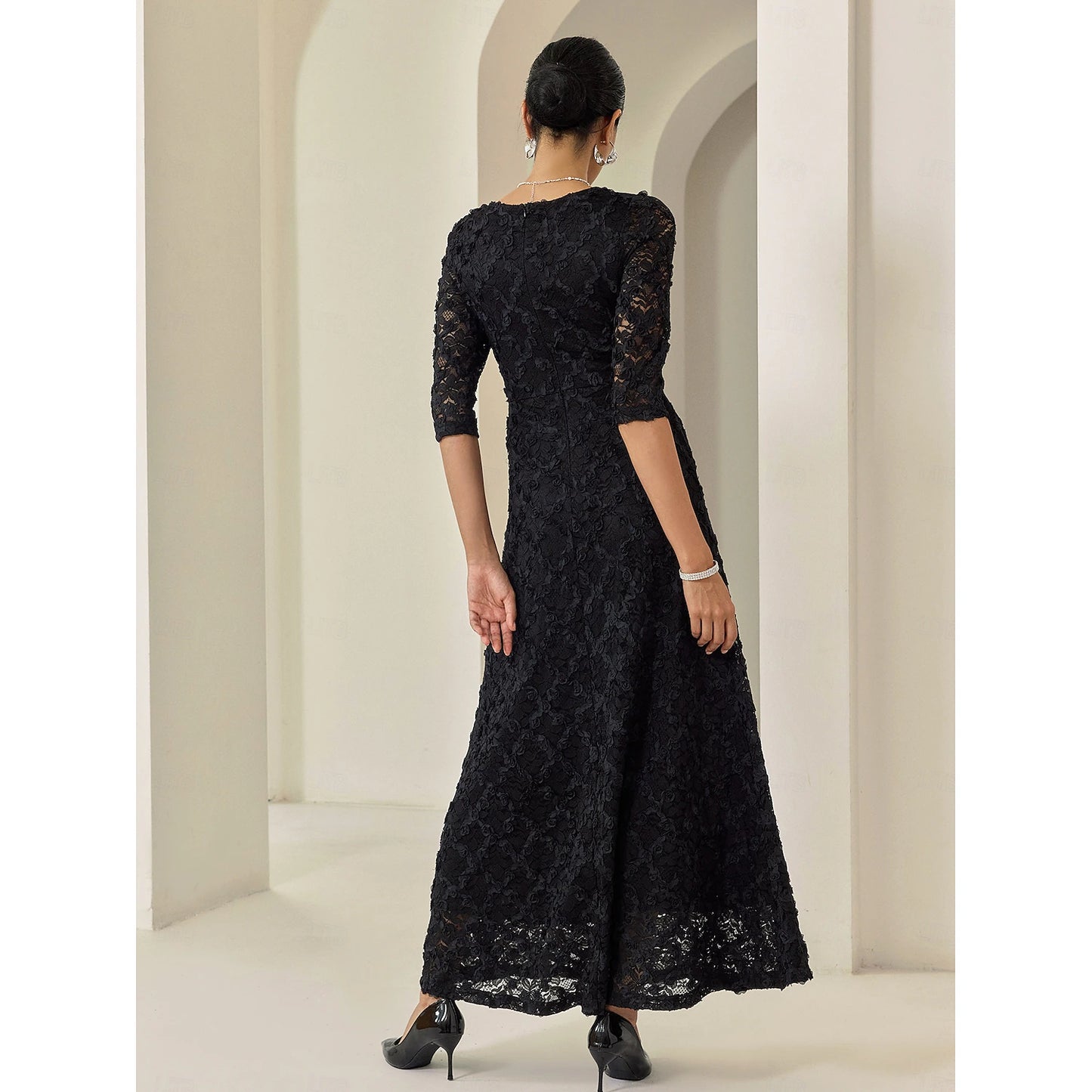 December Wedding Guest Dress Lace Dress Half Length Sleeve Solid Color Lace Spring Fall Cross-Seasons Elegant Fall Wedding Party Dress