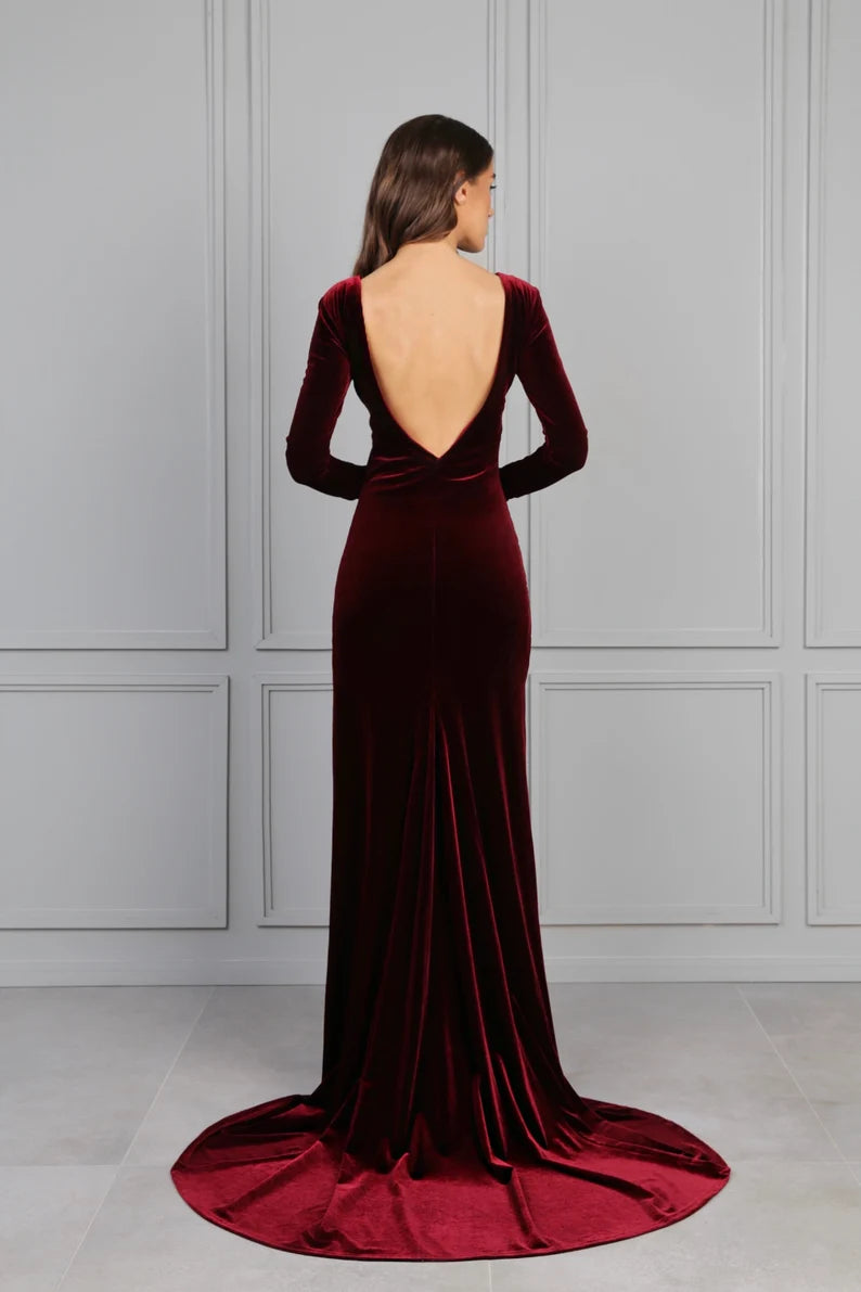 Velvet Dress Mermaid Gown Dress Maxi Open Back Train Dress Long Sleeve Wedding Guest Dress Evening Dress