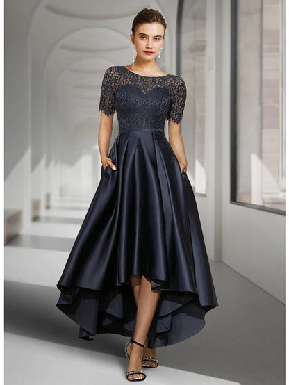 A-Line Mother of the Bride Dress Wedding Guest Elegant High Low Jewel Neck Asymmetrical Tea Length Satin Lace Short Sleeve with Pleats