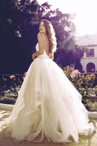 Glamorous Straps Ball Gowns Ivory Backless Tulle Wedding Dresses