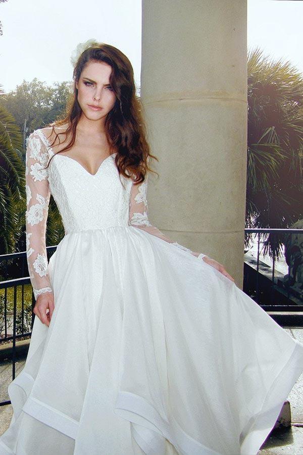 Glamorous V Neck Long Sleeves Lace Organza Wedding Dresses