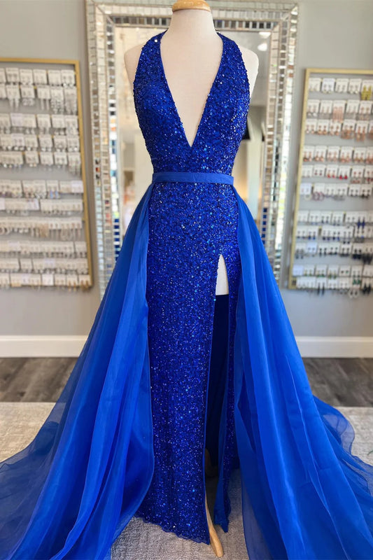 Sequin Halter Long Prom Dress with Attached Train