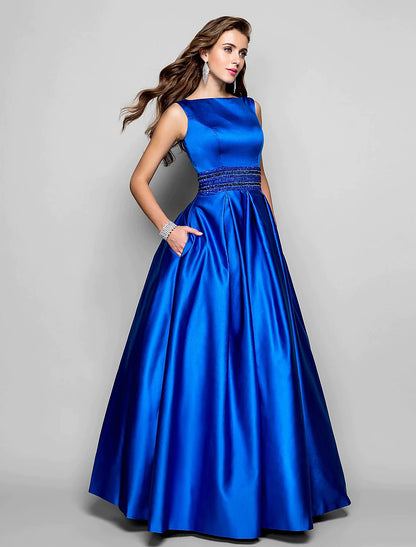 A-Line Elegant Dress Wedding Guest Floor Length Sleeveless Boat Neck Pocket Satin with Pleats Beading