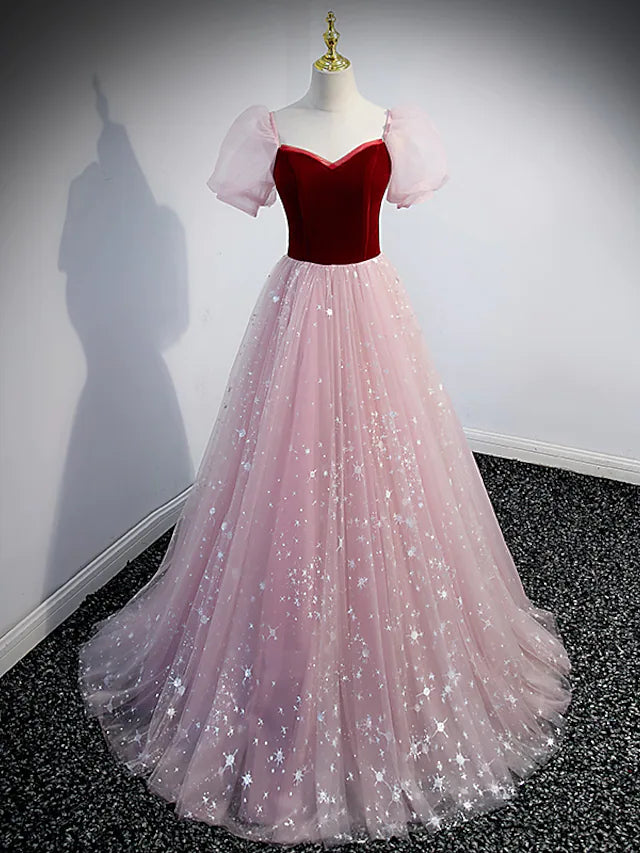 A-Line Prom Dresses Princess Dress Prom Floor Length Short Sleeve Sweetheart Tulle with Sequin