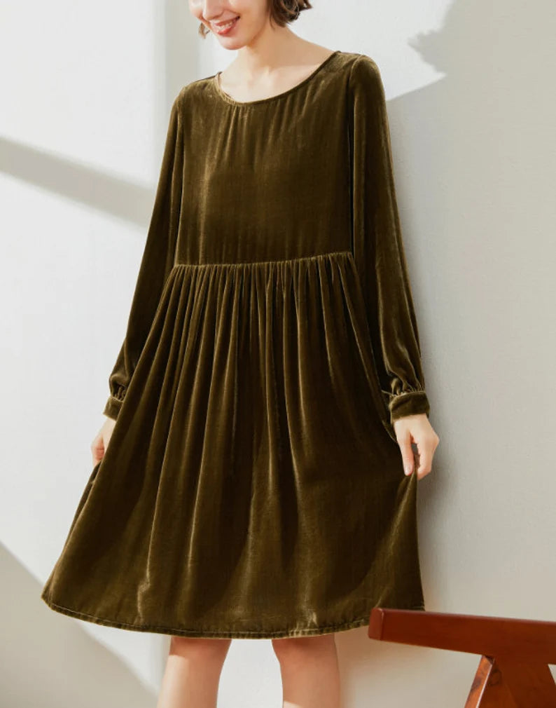 Knee Length Velvet Dress Round Neck Long Sleeves Plus Size Loose Dress Formal Wear Dresses Wedding Guest Dress Evening Dress