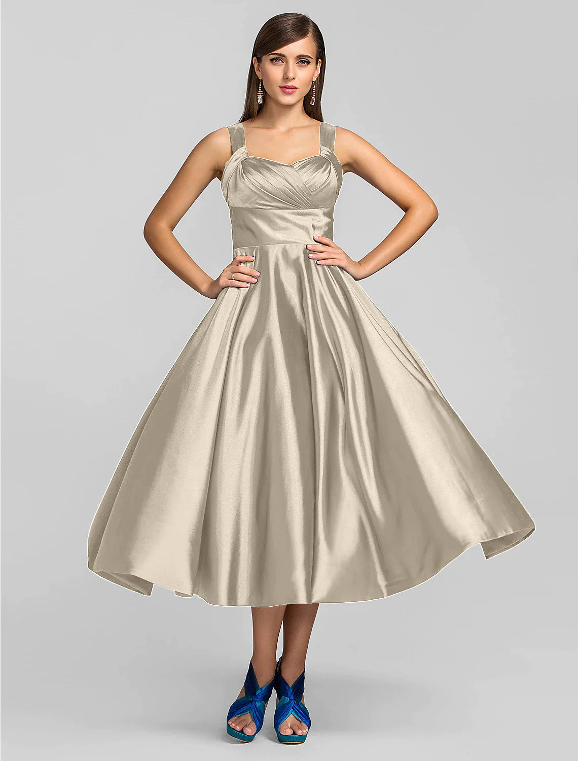 A-Line Minimalist Dress Wedding Guest Cocktail Party Tea Length Sleeveless Square Neck Stretch Satin with Criss Cross