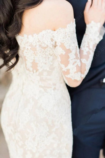 Gorgeous Off Shoulder Ivory Lace Long Sleeves Mermaid Wedding Dress