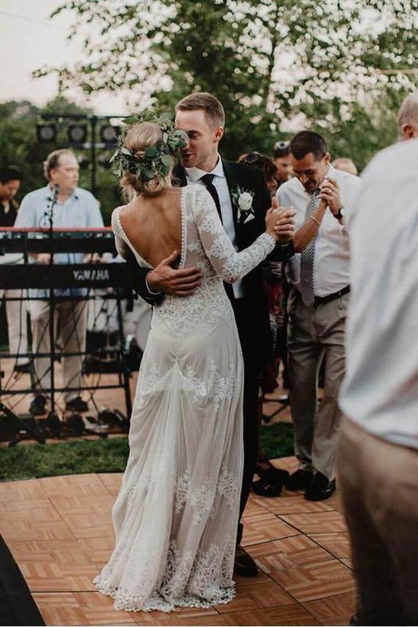 Lace Long Sleeve Backless Boho Wedding Gowns Rustic Wedding Dress