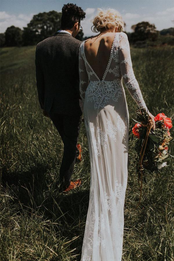 Lace Long Sleeve Backless Boho Wedding Gowns Rustic Wedding Dress