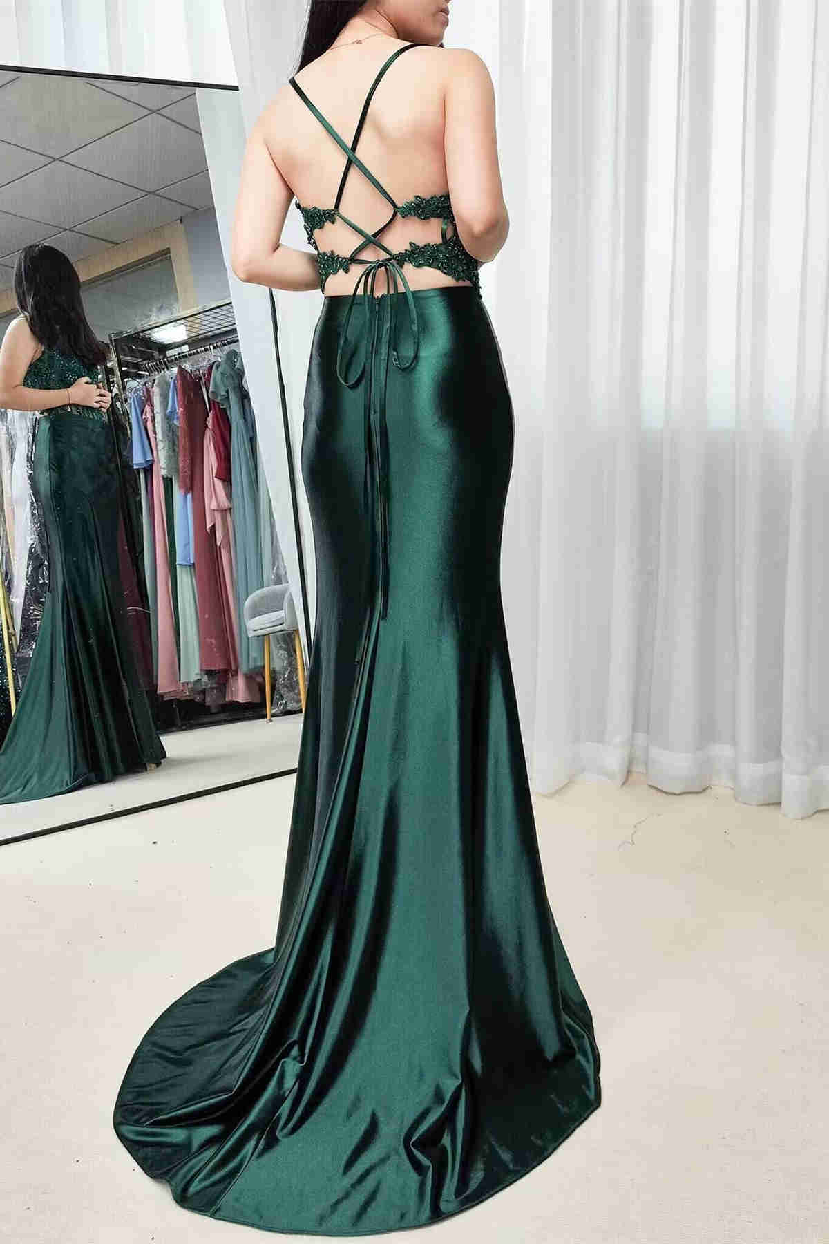 Sheath Mermaid Emerald Green  Sweep/Brush Train Dresses Straps Ruched Prom Dress with Slit