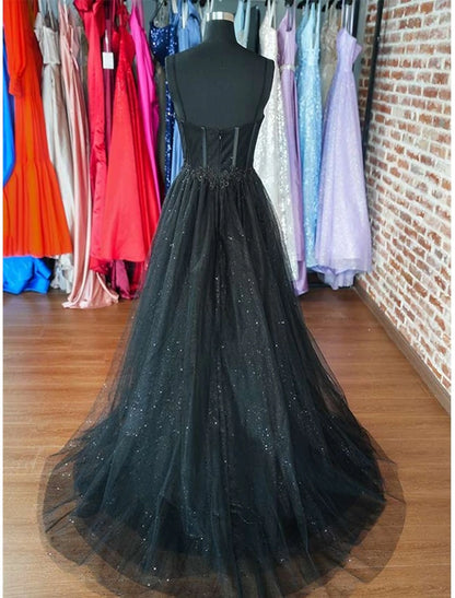 December Wedding Guest Dress A-Line Corsets Dress Wedding Floor Length Sleeveless Scoop Neck Tulle with Slit Prom Dresses