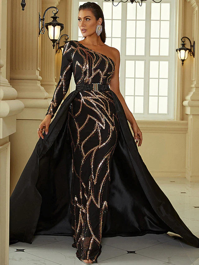 Mermaid / Trumpet Evening Gown Sexy Dress Formal Court Train Long Sleeve One Shoulder Polyester with Sequin