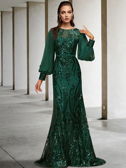 Mermaid / Trumpet Mother of the Bride Dress Wedding Guest Elegant Sparkle & Shine Jewel Neck Sweep / Brush Train Chiffon Sequined Long Sleeve with Sequin Applique