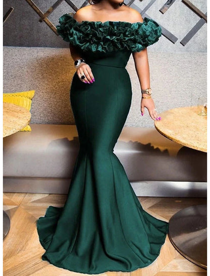 Sheath Mermaid Evening Dress Short Sleeve Brush Train Dress Off the Shoulder Stretch Satin Prom Dress with Sleek