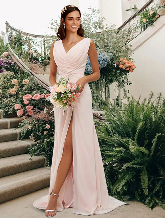 A-Line Bridesmaid Dress Party Dresses Wedding Guest Dresses V Neck Sleeveless Elegant Floor Length Chiffon with Split Front / Ruching