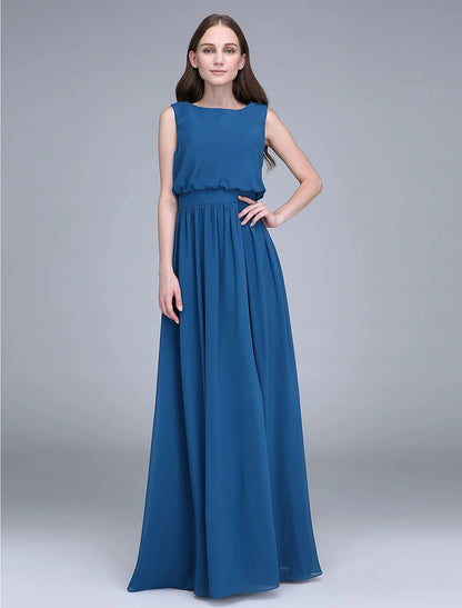 Sheath / Column Bridesmaid Dress Jewel Neck Sleeveless Floor Length Chiffon with Sash / Ribbon