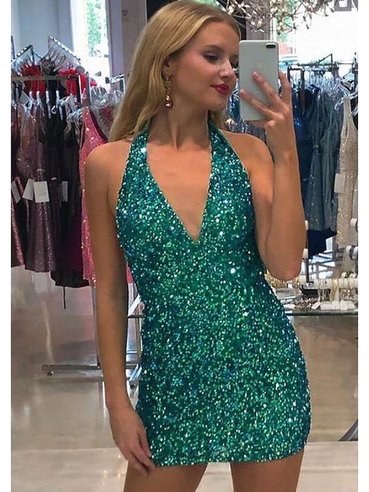 Mermaid / Trumpet Party Dresses Sexy Dress Cocktail Party Short / Mini Sleeveless V Neck Sequined Backless with Sequin