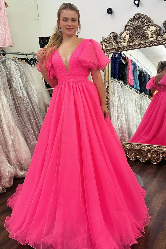 Cute Ball Gown V Neck Pink Tulle Long Prom Dresses with Ruffled Sleeves