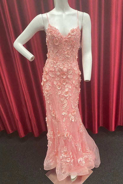 Floral Appliques Straps Mermaid Long Prom Gown