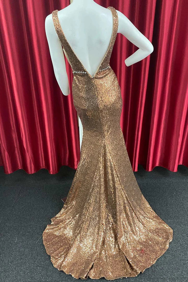 Sequin Plunge V Mermaid Long Formal Dress with Belt
