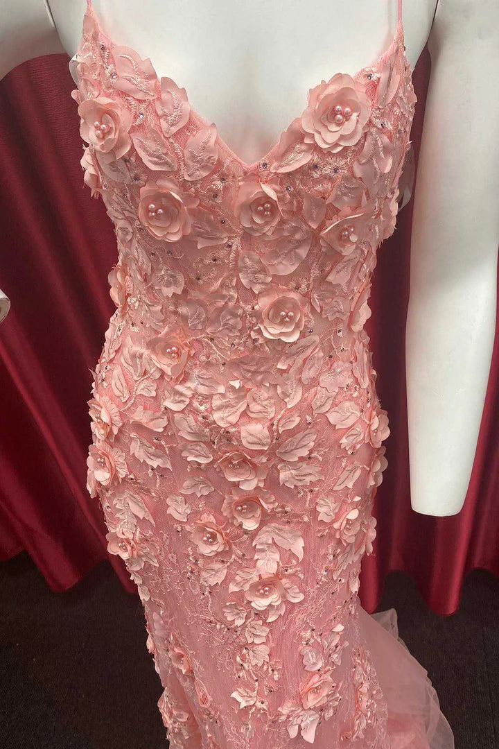 Floral Appliques Straps Mermaid Long Prom Gown