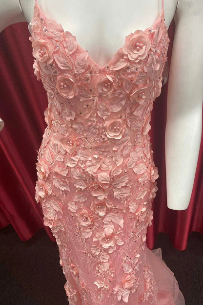 Floral Appliques Straps Mermaid Long Prom Gown