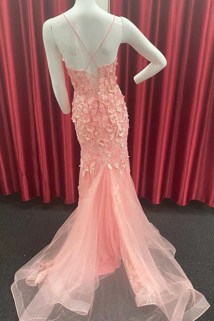 Floral Appliques Straps Mermaid Long Prom Gown