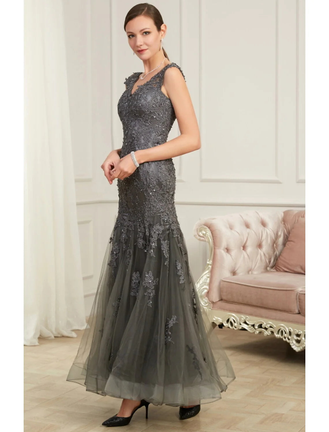 Mermaid / Trumpet Evening Gown Elegant Dress Party Wear Floor Length Sleeveless V Neck Polyester with Sequin Appliques