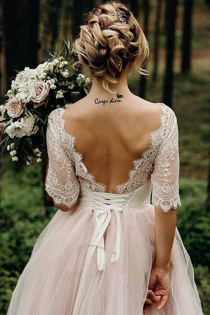 Half Sleeves Pink Backless Lace Up Floor Length Wedding Dress