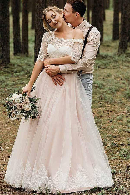 Half Sleeves Pink Backless Lace Up Floor Length Wedding Dress