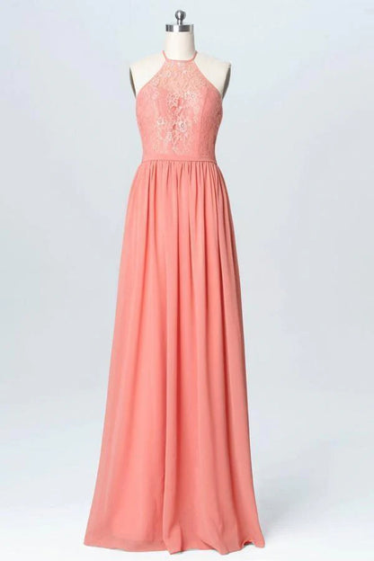 Halter Lace Long Chiffon Peach Bridesmaid Dresses