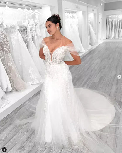 Mermaid Wedding Dresses Off the Shoulder Lace Appliques White Ivory Bridal Gowns