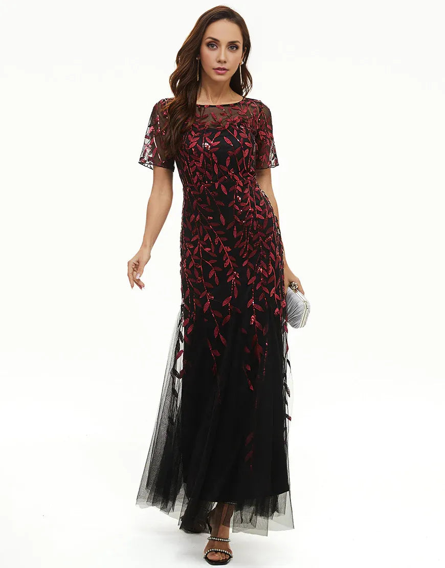 Leaves Sequins Round Neck Mother Dress Tulle with Short Sleeves