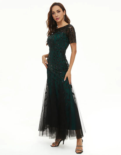 Leaves Sequins Round Neck Mother Dress Tulle with Short Sleeves