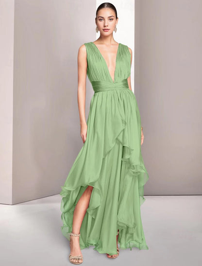 Prom Dresses A-Line Elegant Dress Formal Summer Asymmetrical Sleeveless Deep V Neck Chiffon Ruched December Wedding Guest Dress