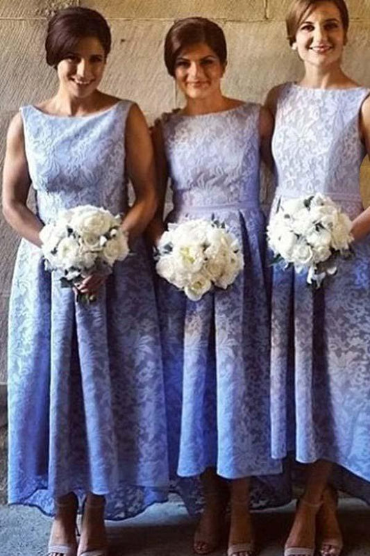 High Low Bateau Sleeveless Light Sky Blue Lace Bridesmaid Dress