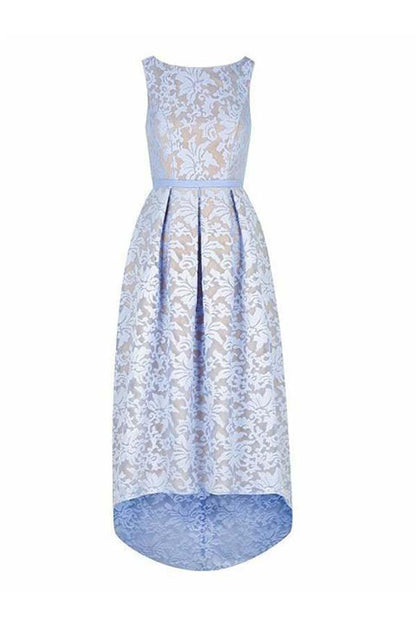 High Low Bateau Sleeveless Light Sky Blue Lace Bridesmaid Dress